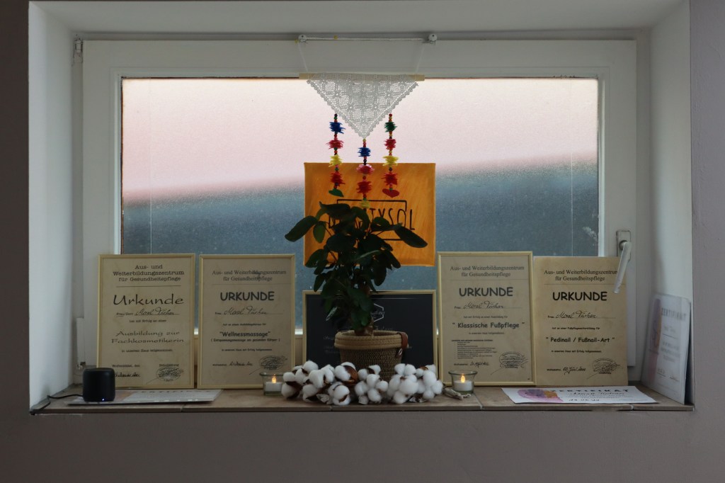 Ein Fensterregal mit mehreren Zertifikaten und Auszeichnungen im Bereich Gesundheit und Schönheit sowie einer Topfpflanze und Dekorationsartikeln.